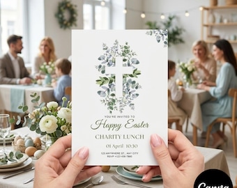 Elegant Cross Easter Invitation Template, Eucalyptus Design, Charity Lunch (Digital Download)