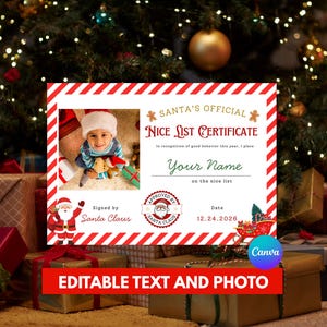 Personalized Santa Nice List Certificate, Christmas Certificate for Kids, Editable Canva Template