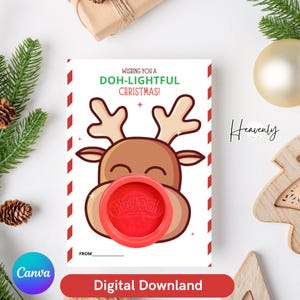 Plantilla de tarjeta de plastilina con forma de reno navideño, etiquetas editables, descarga instantánea, etiquetas de obsequios navideños para la clase, tarjeta de plastilina editable