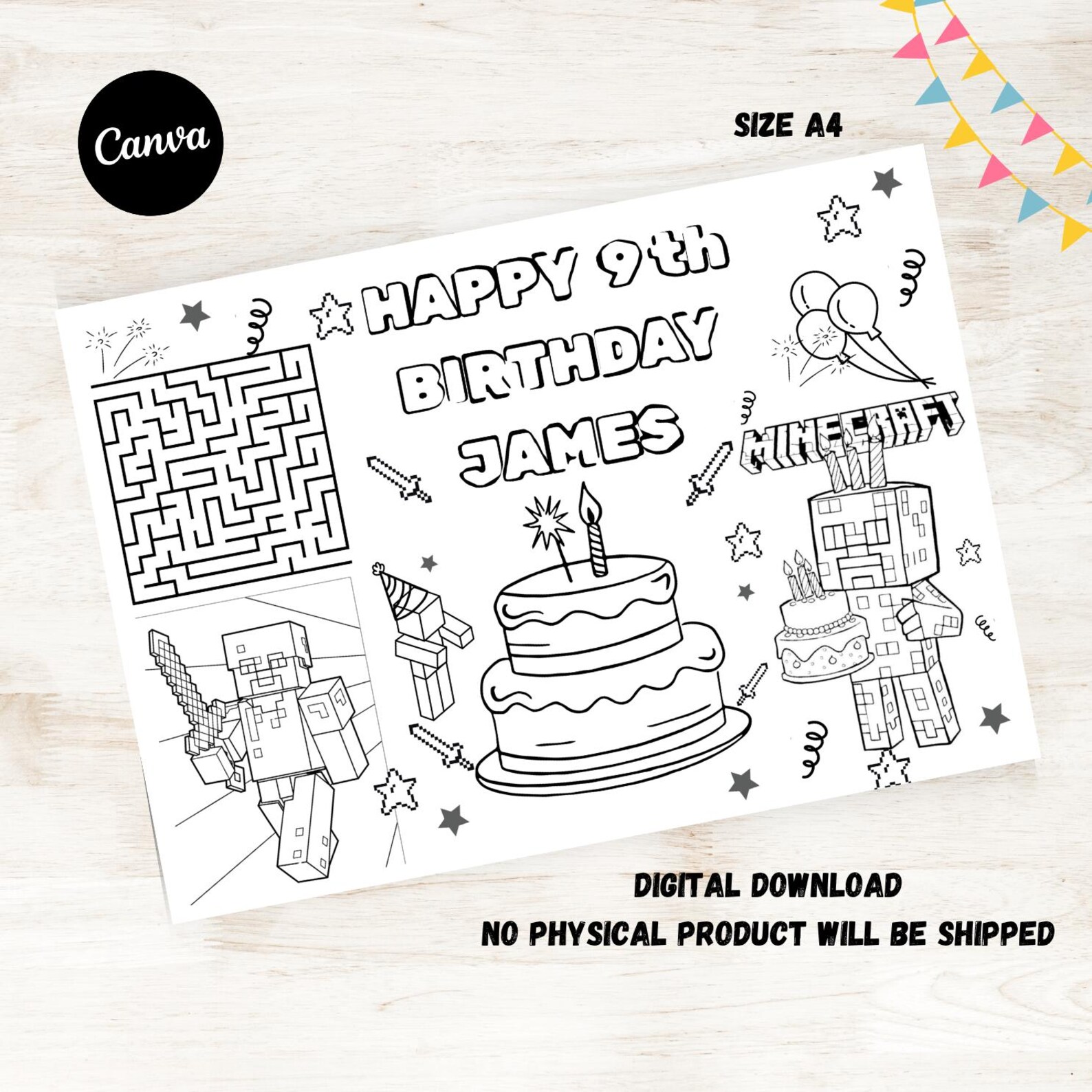 Minecraft Birthday Coloring Placemat, Personalized Party Favor (digital ...