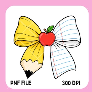 Può includere: Un'illustrazione a fiocco decorativo con un design a matita gialla sul lato sinistro e un design a foglio di quaderno a righe bianche sul lato destro, centrato con un'icona di mela rossa. Il testo PNF FILE e 300 DPI è stampato in basso.