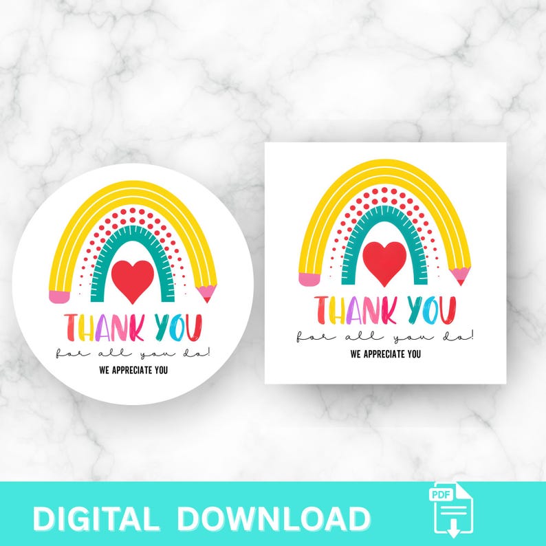 Teacher Appreciation Gift Tags: Rainbow Pencil Thank You Labels ...