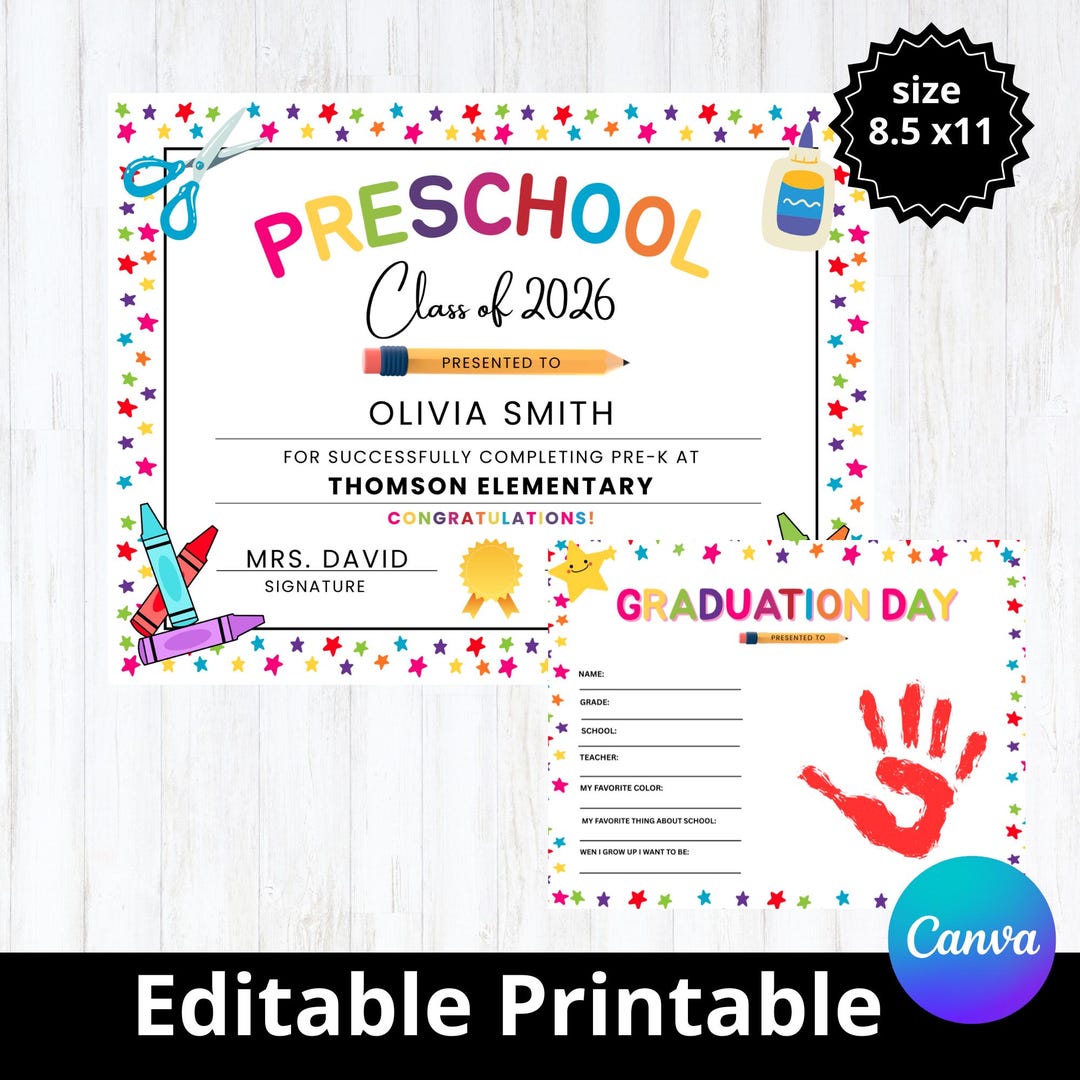 Editable Preschool Graduation Certificate: Class of 2026 Photo Template ...