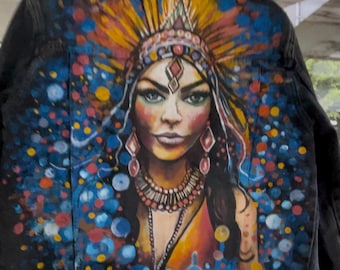 Hand-Painted Goddess Denim Jacket: Boho Chic Festival Wear