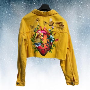 Hand-Painted Valentine Denim Crop Jacket: Women&#39;s Trendy Outerwear