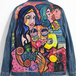 Hand-Painted Pop Art Denim Jacket: Custom Retro Comic Design