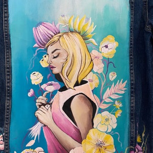 Women and Flower Themed Denim Jacket, Hand Painted Custom Denim Jacket, Women&#39;s Jean Jacket, Halloween Jacket, Unusual Clothing