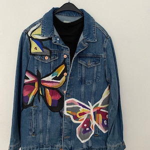 Hand-Painted Denim Jacket with Vibrant Butterfly Design, Unique Artisan Wearable Art, One-of-a-Kind Denim Outerwear