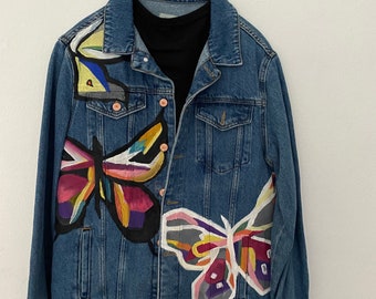 Hand-Painted Denim Jacket with Vibrant Butterfly Design, Unique Artisan Wearable Art, One-of-a-Kind Denim Outerwear