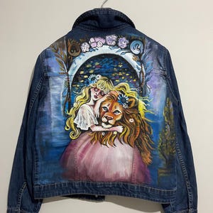 Girl And Lion Themed Handmade Denim Jacket,Hand painted jacket - Dyed Denim Jacket flower Denim Jacket Hand Painted, Denim Jacket Womens
