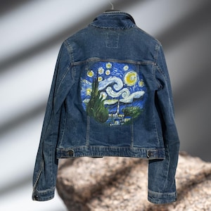 Hand Painted Denim Jacket The Starry Night Van Gogh, Stary Night Jean Jacket, Oversize Van Gogh Jean Jacket