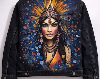 Chaqueta vaquera de diosa pintada a mano: estilo bohemio chic para festivales