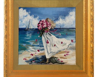 Original Beach Girl Painting – Hand Painted Acrylic Art 20*20 cm, Woman with Flowers