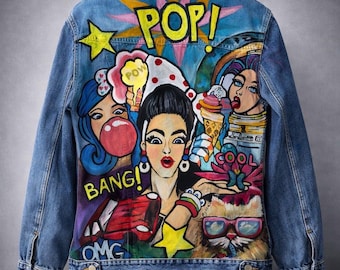 Chaqueta vaquera de estilo pop art pintada a mano: diseño de cómic retro personalizado