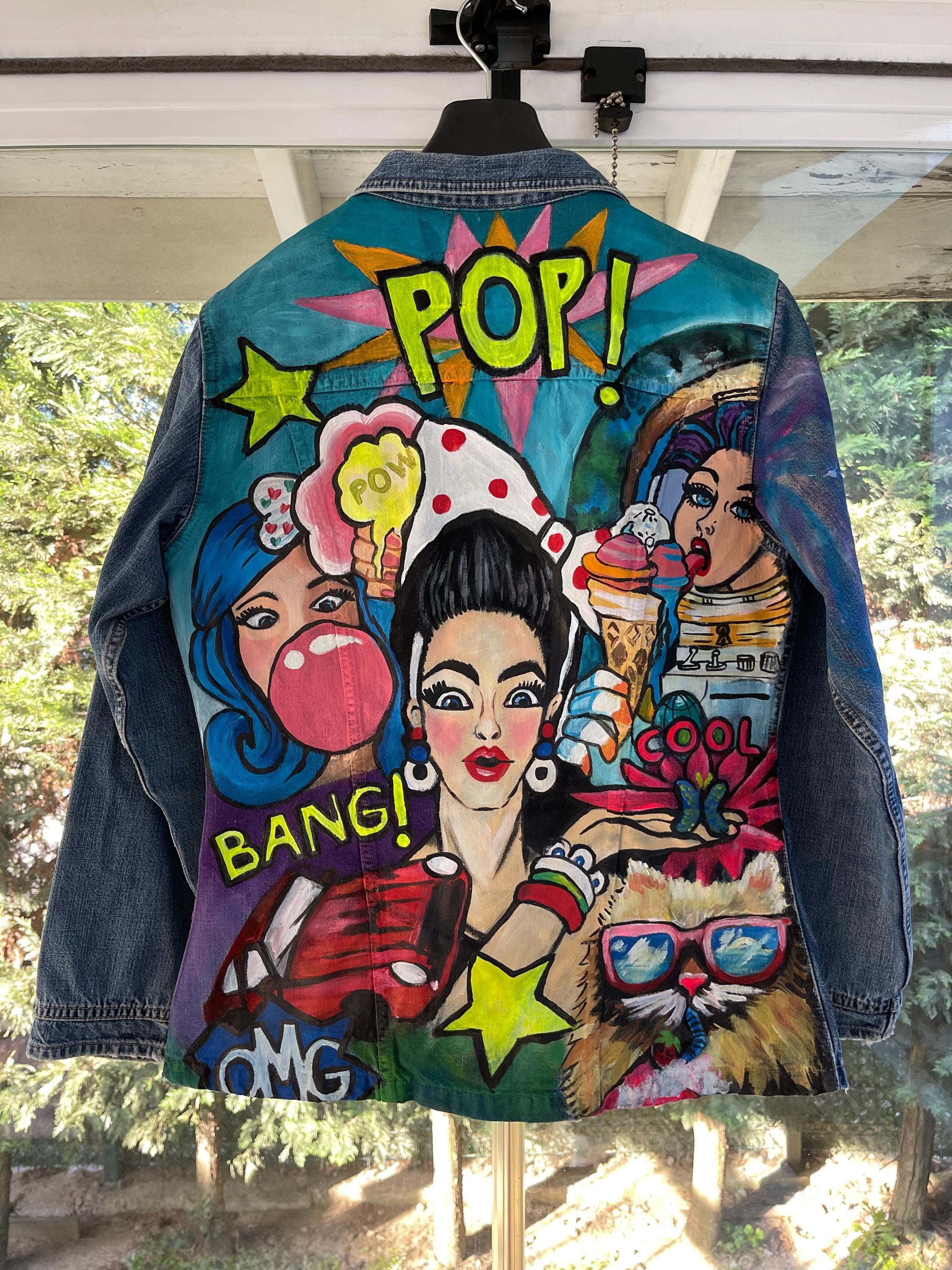 Hand-Painted Pop Art Denim Jacket: Custom Retro Comic Design