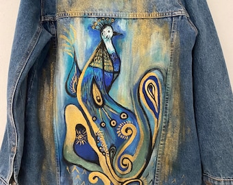 Custom Hand-Painted Denim Jacket – Majestic Peacock Art, Unique & Personalized Artistic Outerwear, Statement Fashion Piece