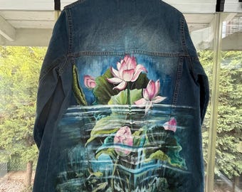 Hand-Painted Lotus Flower Denim Jacket: Unique Boho Chic Jean