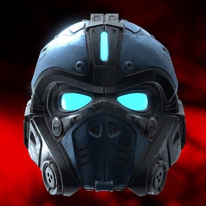 Puede incluir: Un casco táctico de color azul oscuro y negro con una visera cian brillante y una franja de luz vertical central en la frente. El casco tiene una construcción rígida de varias piezas con ventilaciones laterales circulares y el logo ROGUE.