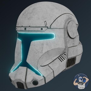 May include: A white tactical helmet with a weathered, textured finish and a T-shaped visor featuring a glowing cyan light outline. The helmet includes molded panel details, side circular vents, and a small logo in the corner reading Captain Flex Creations.