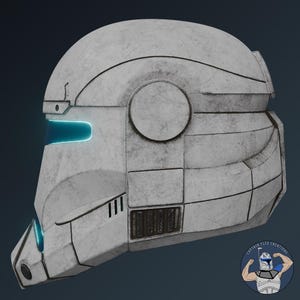 May include: A white tactical helmet with a weathered, distressed finish, featuring a glowing blue visor and blue light accents on the lower front. The side profile shows segmented armor plating and a circular ear piece. A logo reads Captain Flex Creations.