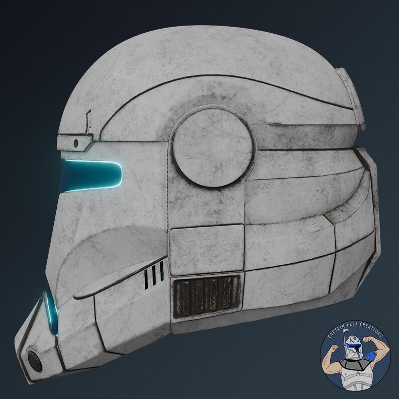 May include: A white tactical helmet with a weathered, distressed finish, featuring a glowing blue visor and blue light accents on the lower front. The side profile shows segmented armor plating and a circular ear piece. A logo reads Captain Flex Creations.