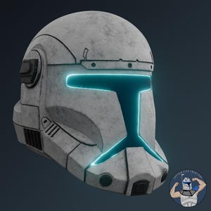 May include: A white tactical helmet with a weathered, textured finish and a T-shaped visor outlined in glowing cyan light. The helmet features black mechanical side components, ventilation slats, and a circular logo in the corner with the text Captain Flex Creations.
