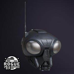 May include: A matte black helmet featuring two large, smooth, metallic silver oval eye lenses, a vertical antenna extending from the top left side, and a detailed mechanical lower face section. The logo ROGUE is visible in the bottom left corner.