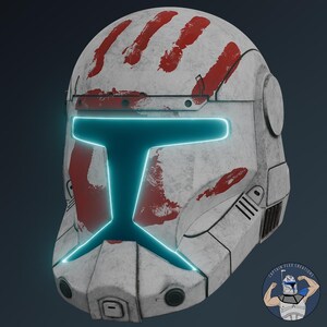 May include: A white tactical helmet featuring a weathered finish with red handprint markings across the top and sides. The T-shaped visor is illuminated with a bright cyan light, and the helmet includes circular side details and vents.