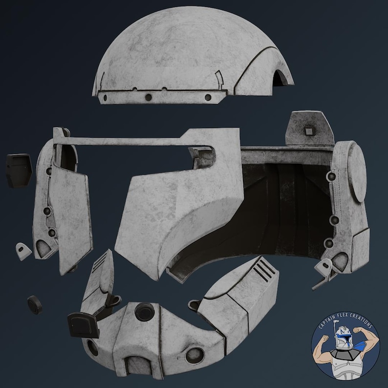 May include: A disassembled white tactical helmet kit featuring a separate dome piece, a main faceplate with a wide visor opening, and a lower chin section with integrated vents. The components have a weathered, matte finish with visible panel lines.