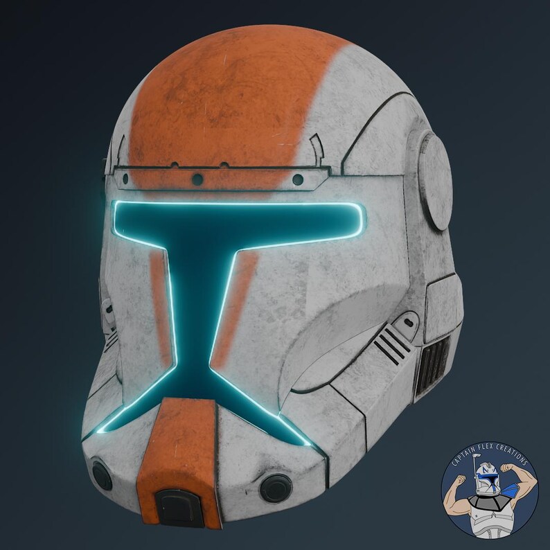 May include: A white and orange tactical helmet featuring a T-shaped visor with a glowing cyan light outline. The helmet has a weathered, textured finish with molded panel details, circular side vents, and a prominent orange stripe on the crown.