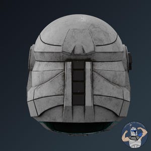 May include: A weathered white helmet featuring a central vertical panel with four black square indentations. The helmet has a segmented, armored design with dark grey panel lines and a circular side detail. A small logo reads Captain Flex Creations.