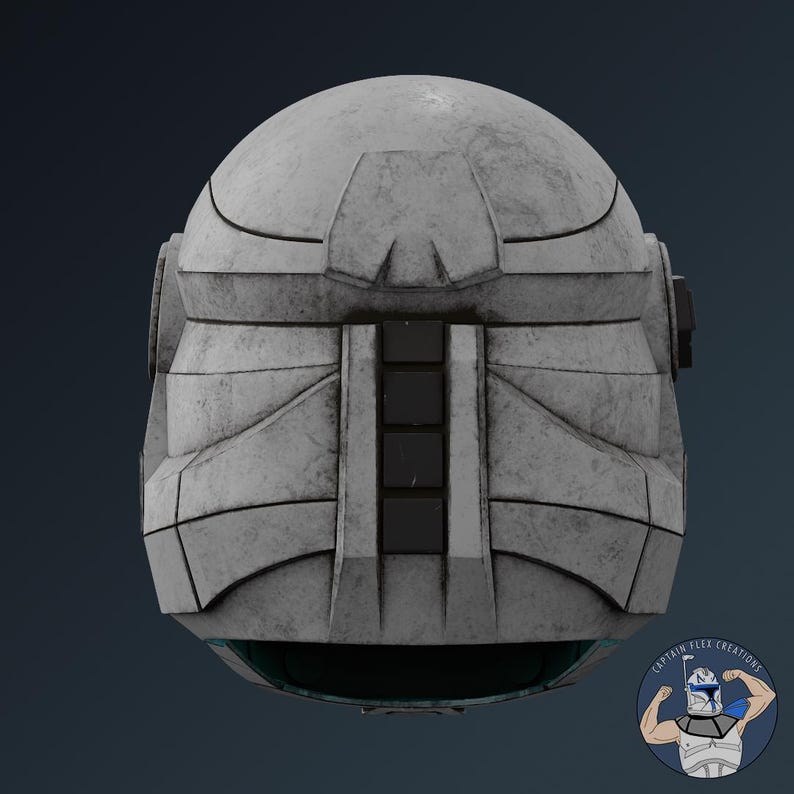 May include: A weathered white helmet featuring a central vertical panel with four black square indentations. The helmet has a segmented, armored design with dark grey panel lines and a circular side detail. A small logo reads Captain Flex Creations.