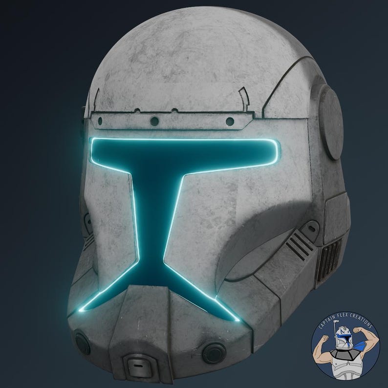 May include: A gray tactical helmet featuring a T-shaped visor illuminated with a bright cyan light. The helmet has a weathered, textured finish with panel lines and circular side details. A small circular logo with text reads Captain Flex Creations.