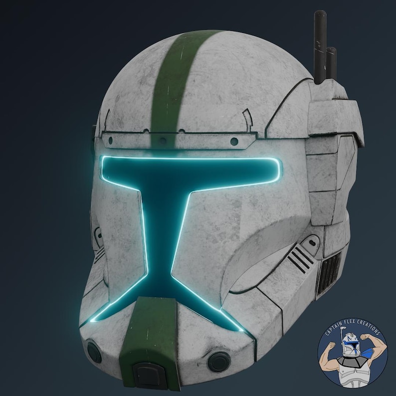 May include: A white and green tactical helmet featuring a T-shaped visor with a glowing cyan light. The helmet has a weathered, textured finish, a vertical green stripe running down the center, and a small antenna on the upper right side.