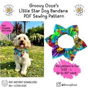 May include: A PDF sewing pattern for a dog bandana with a colorful star design. The pattern is for size L, up to 20 inches neck. The pattern is available for instant download in A4 and letter size.