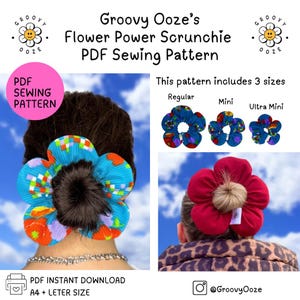 May include: A PDF sewing pattern for a flower-shaped scrunchie. The pattern includes three sizes: regular, mini, and ultra mini. The image shows a model wearing a blue and orange scrunchie and a red scrunchie.