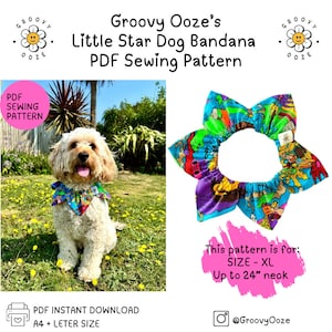 Puede incluir: Un patrón de costura PDF para una bandana de perro con un diseño de estrella colorido. El patrón es para una bandana de talla XL, hasta 61 cm de cuello. El patrón está disponible para descarga instantánea en tamaños A4 y carta. La imagen muestra un perro usando la bandana.