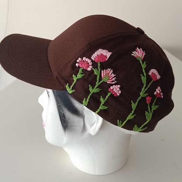 Hand Embroidered Hat, Floral Embroidered Fabric Cap, Vintage Hat For Woman, Embroidered Baseball Cap, Brown Hat,Birthday Gift,Gift For Women