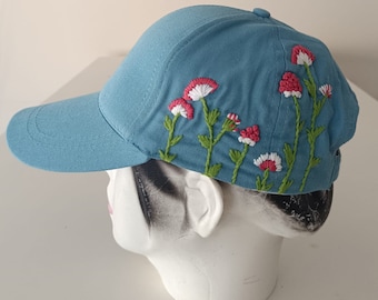 Benutzerdefinierte Blumen Baseballkappe, blaue handgestickte Baseballkappe, Wasch Baumwollhut, gestickte blaue Kappe, Hut für Frauen, Sommerhut, Daiy Hut