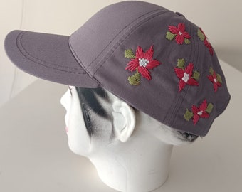 Handgestickte Sonnenblumen-Baumwollmütze, gestickte Baseballmütze, grauer Hut, Gärtnergeschenk, Freundin Geschenk