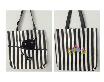 Bolso de hombro de gato, bolso de rayas de pájaro, bolso mensajero de hombro, bolso de mano para ir de compras, bolso bordado a mano de algodón, bolso bordado de fieltro regalo mamá