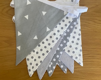 Handmade bunting, double sided, nursery decor, baby shower, unique bunting, grey and white pattern,