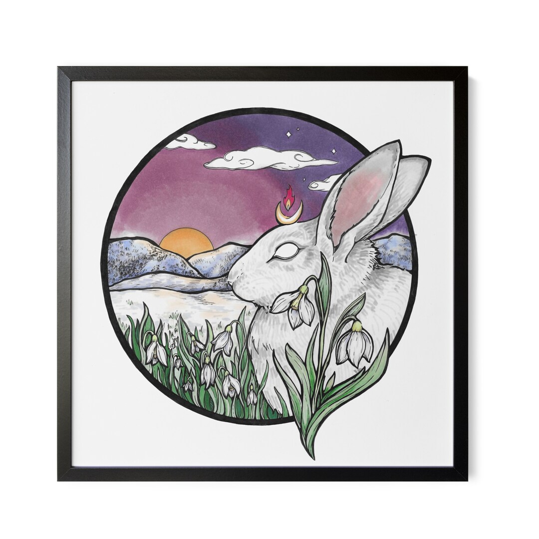 Imbolc Snowdrops - Wiccan Altar Art Print - Rabbit Illustration ...