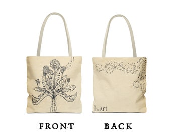 Dandelion Tote Bag - Wish Totebag - Celestial Dandylion - Floral Hand Drawn Print - Canvas Reusable Bag - Wildflowers Shopping Bag