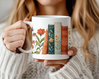 Floral Book Mug, Library Bookshelf Coffee Cup, Book Lover Mug, Bookish Gifts, Birthday Gift for Her, Librarian Mug, Reader Mug