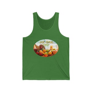 May include: Green tank top with a graphic of a cornucopia overflowing with fall harvest fruits and vegetables. The graphic has the text "Oof-Dah! The Upside Farm Grocery Store" in a yellow banner.