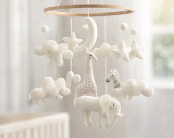 Handmade Safari Nursery Mobile, Felt Animals, Gender Neutral