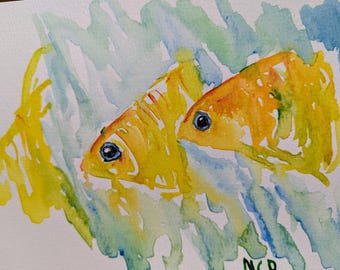 Pintura original de acuarela de pez, naturaleza, 8x6