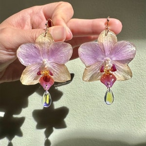 Real Preserved Orchid Flower Earrings, Handmade, 14K Gold Filled