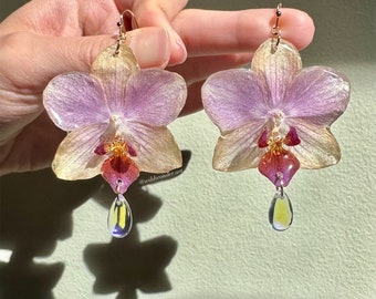 Real Preserved Orchid Flower Earrings, Handmade, 14K Gold Filled